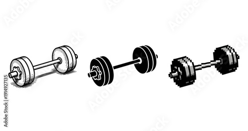 Three dumbbell variations: sketch, flat, pixel art illustrations on white background