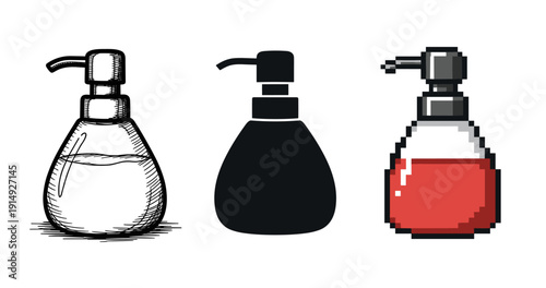 Hand soap dispensers in sketch, solid, and pixel art styles