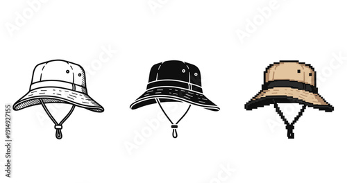 Three bucket hats: black and white, pixel art, and detailed sketch styles