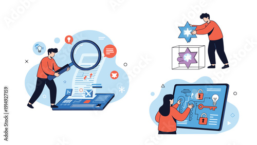Investigative research and data analysis concepts illustrated by people using magnifying glasses to examine documents and unlock complex puzzles.