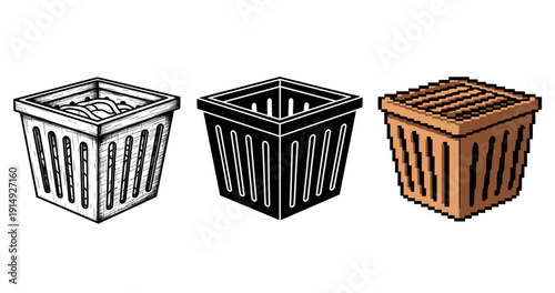 Variety of trash can designs: black, white, and pixel art style