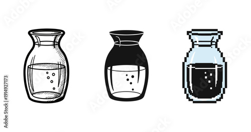 Set of three vase designs: sketch, solid, and pixel art variations