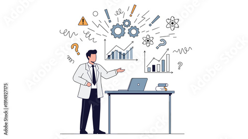 Scientist or innovator standing in a laboratory surrounded by symbols of creative thinking and research data to develop new breakthrough ideas.