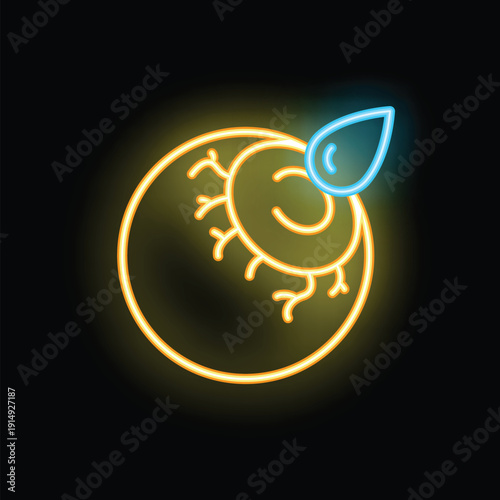 Glowing neon icon of a human eye with detailed iris and pupil, receiving a blue eye drop treatment