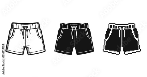 Set of three styles of drawstring shorts: outline, solid, and pixel art designs