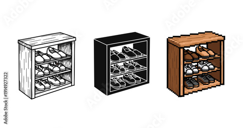 Three shoe storage styles: vintage, modern, retro pixel art