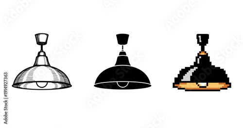 Pendant lamp designs: sketch, solid, and pixel art styles