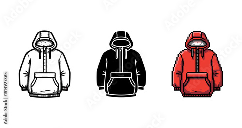 Three hoodie designs: outline, solid, pixel art representations