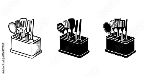 Set of three cutlery holders: line, silhouette, pixel art styles
