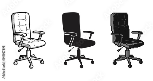 Three office chairs: sketch, silhouette, pixel art styles