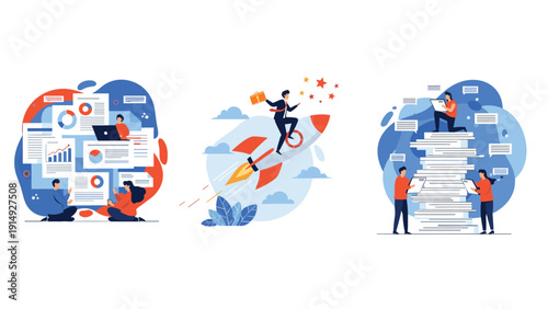 Dynamic business concepts including teamwork growth through a rocket launch and handling a high volume of paperwork for corporate development.