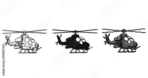 Three variations of military helicopters: outline, silhouette, pixel art