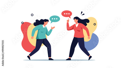 Two professional women engaged in a heated argument or passionate debate representing conflict resolution and communication issues at work.