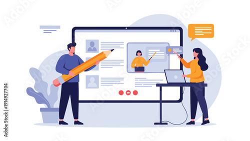 People interacting with a large digital screen and laptops to participate in online learning and remote collaboration for professional development.