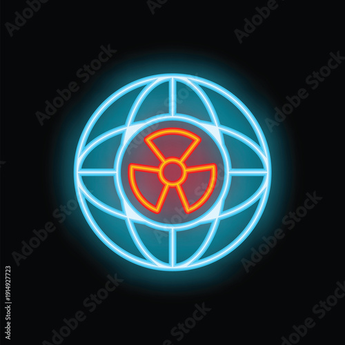 Neon icon of radioactive symbol enclosed in a world grid glowing on dark background