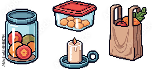 Pixel art collection: jar of preserves, food container, candle, grocery bag. Not editable stroke