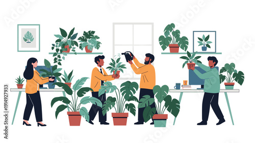 Team of office employees working together to care for and water many indoor plants to create a green and healthy workplace environment.
