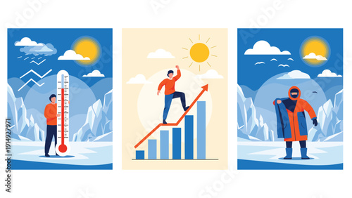 Man adapting to extreme weather conditions and climate change through temperature monitoring and wearing warm protective clothing in the arctic.