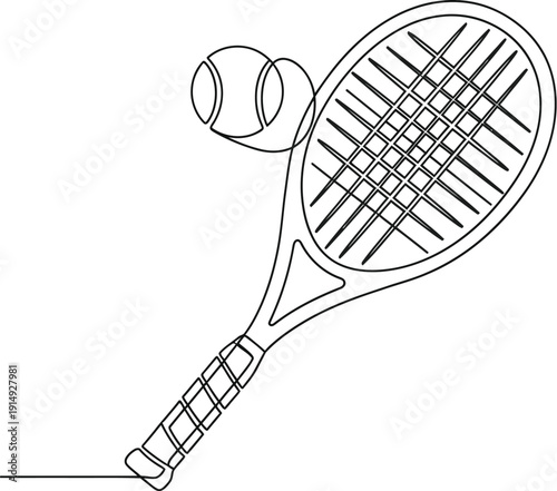 Minimalist continuous line drawing art illustrating a tennis racket about to strike an incoming tennis ball ready for a powerful serve
