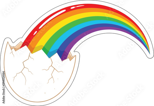 Colorful vibrant rainbow arching out from a stylized cracked beige eggshell against a clean white background signifying magical creation or birth