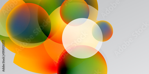 Abstract colorful circles overlap, creating vibrant gradients. Background is dark gray, offering strong contrast. Simple, modern design.
