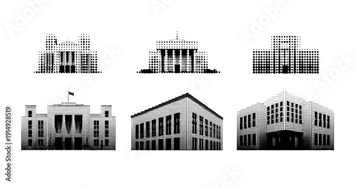 Collection of iconic building silhouettes in halftone style