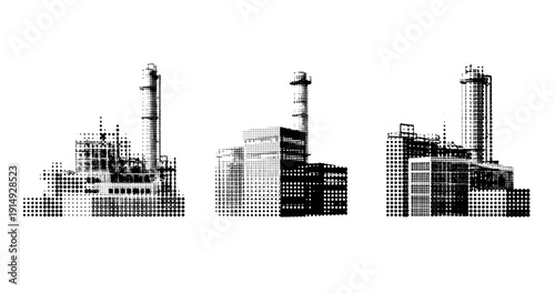 Halftone industrial cityscape with three factory silhouettes