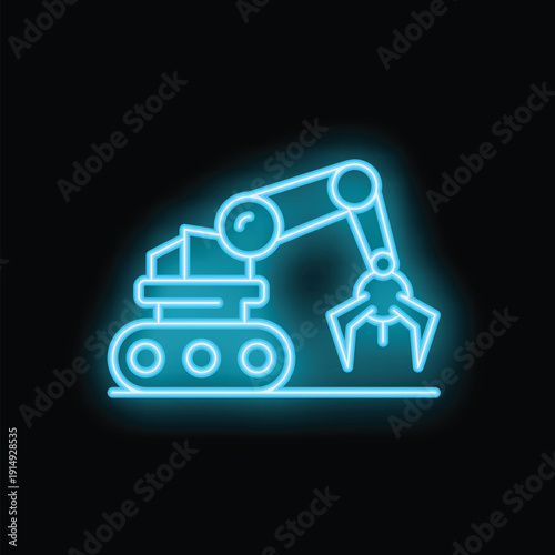 Neon icon of excavator working with claw manipulator on black background