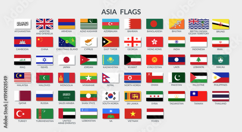 Flags of Asian countries. Set of vector cliparts in flat style.	