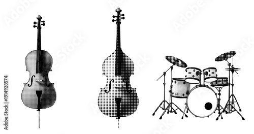 Halftone string and percussion instruments on white background