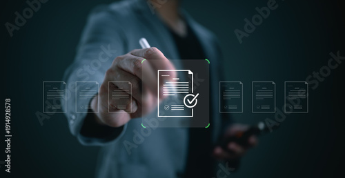 Businessman selecting approved digital document, online contract verification and compliance management concept, e signature technology, data security and paperless workflow solution.