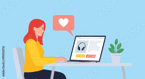 woman with red hair sitting at desk using laptop with social media profile on screen isolated on light blue background