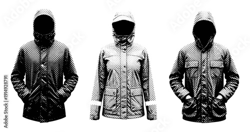 Monochrome silhouette of three hooded figures in jackets