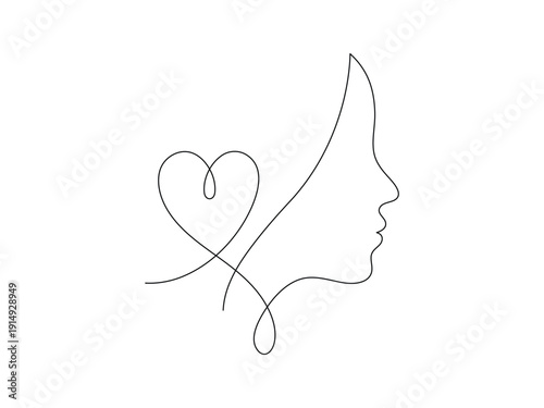 Minimalist continuous one line drawing of woman profile face with heart for beauty and self love. Editable stroke. Doodle hand drawn vector illustration