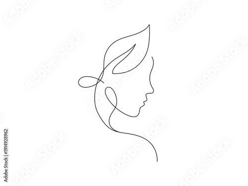 Minimalist continuous one line drawing of a woman profile face with organic leaf hair design. Editable stroke. Doodle hand drawn vector illustration