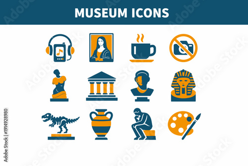 Art, History, and Cultural Museum Icons Set. Collection of Flat Vector Symbols including Statue, Artifacts, Pharaoh Mask, and Audio Guide.