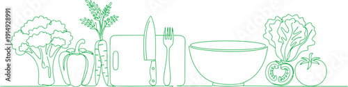 Horisontal continuous line drawing poster with utensils and food. Preparing the salad. Cooking process. Healthy eating. Culinary illustration. Vector background.