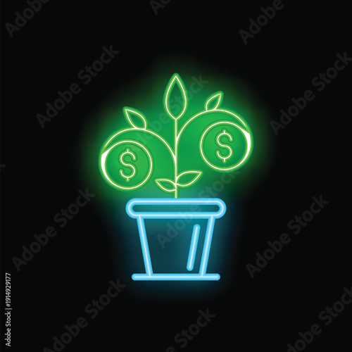 Neon plant growing dollars for financial success concept