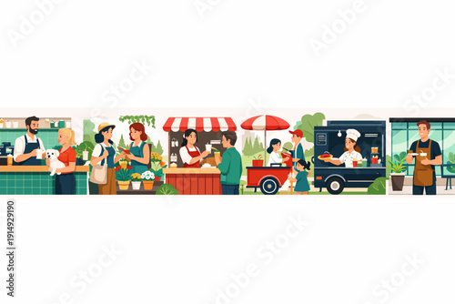 Diverse Small Business Market Scene: Vendors, Customers, Food Stalls, and Retailers in a Vibrant Commerce Illustration.