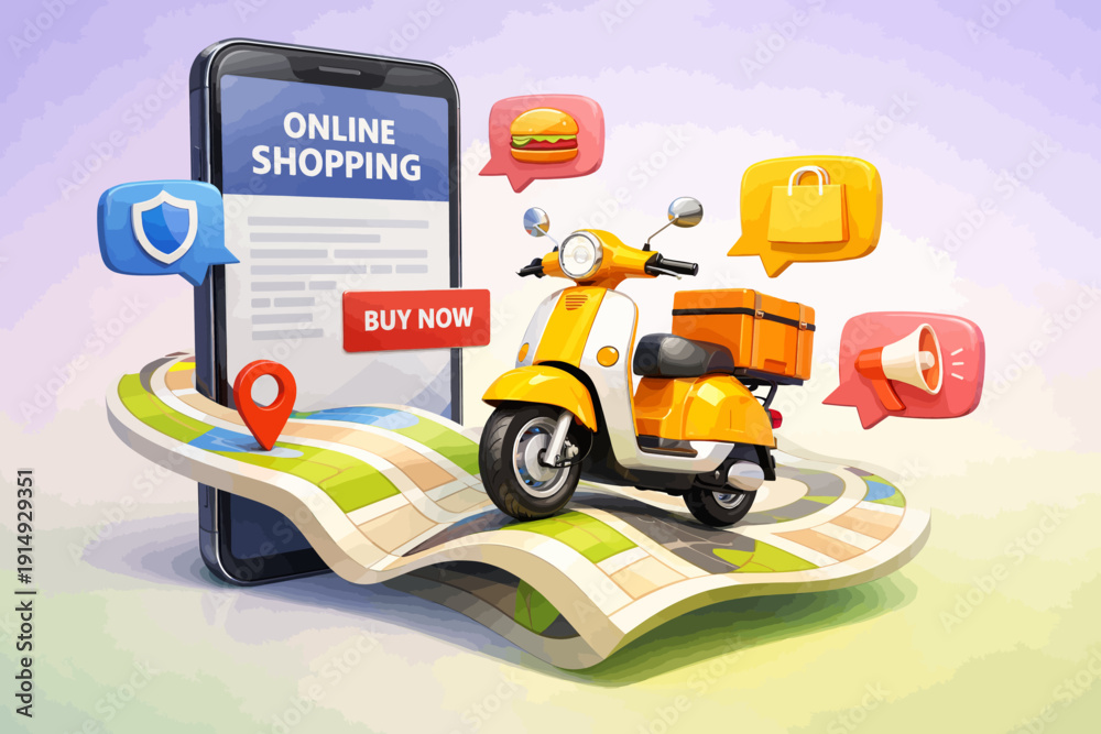 Naklejka premium 3D E-commerce Fast Delivery Concept: Online Shopping App Interface, GPS Map, and Yellow Delivery Scooter Service