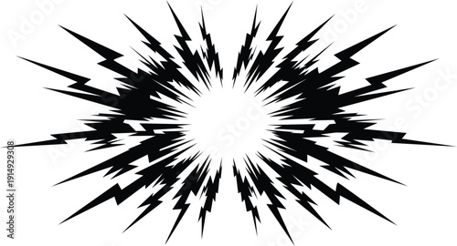 Radial Lightning Explosion Burst with Jagged Electric Rays, Comic Power Blast Background, High Energy Monochrome Vector Design