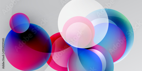 Abstract circles overlap, creating vibrant color blends. Gradient shades shift from pinks to blues, set against dark background.