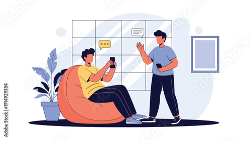 Colleagues using smartphones in a modern casual office lounge area for business communication and social networking.