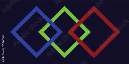 A 3D rendered repeating interlaced diamond pattern in red, blue and green