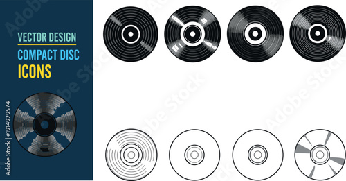Set of compact disc icons showing vinyl-like grooves, reflective highlights and cracked surface styles in modern vector design