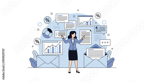 Business professional managing data notifications and financial reports with various charts and email icons in air.