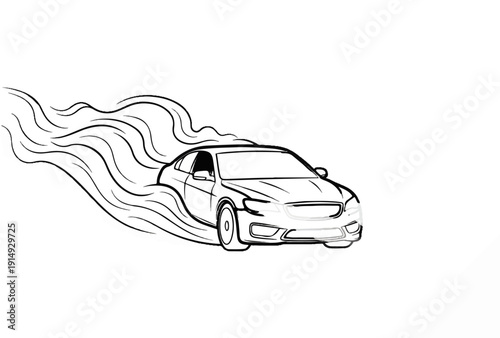 A black and white sketch of a car speeding, leaving a trail of smoke