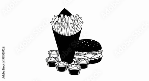 A black and white sketch of a burger with fries and dipping sauces