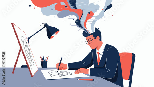 Creative artist working at desk with colorful smoke rising from head representing imagination and artistic inspiration.