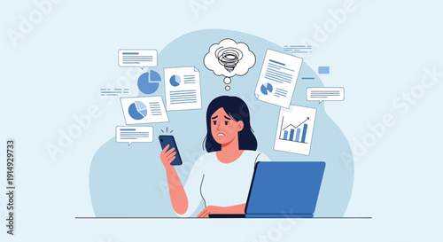 Modern flat vector illustration of overwhelmed woman multitasking with phone, laptop, and tasks floating around, representing stress overload, anxiety, and modern work life pressure concept
